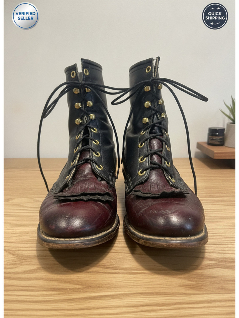 Vintage Laredo Two-Tone Leather Packer Boots Kiltie Fringe 8M